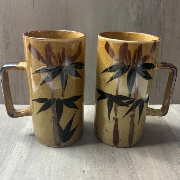 Other - Vintage Hand-Painted Ceramic Bamboo Design Tall Mugs With Handles Set of 2